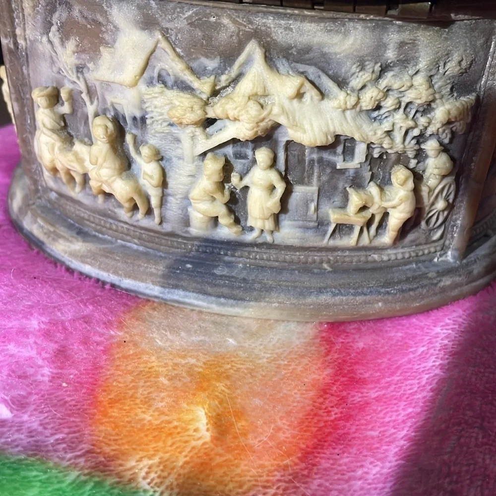 Vintage Incolay stone La Vie village scene  jewelry box